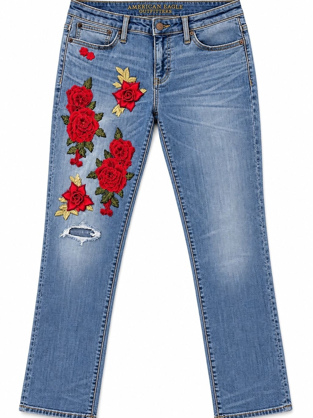 American Eagle Outfitters Light Blue Straight Leg Jeans with Red Rose Embroidery